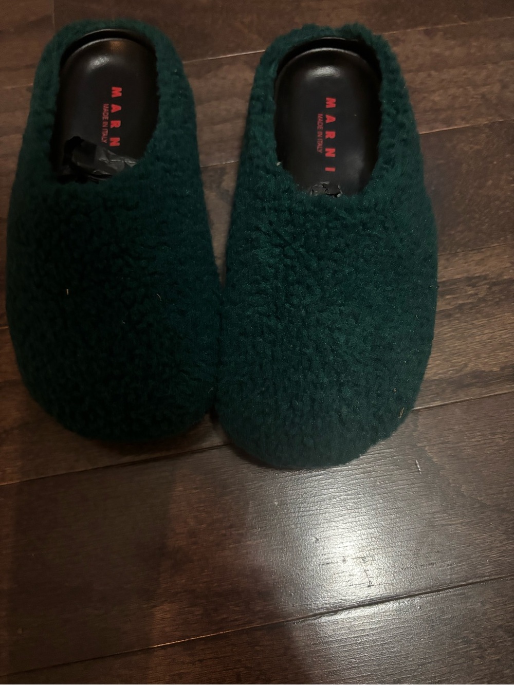 Marni Dark Green Plush Slip-On Mules